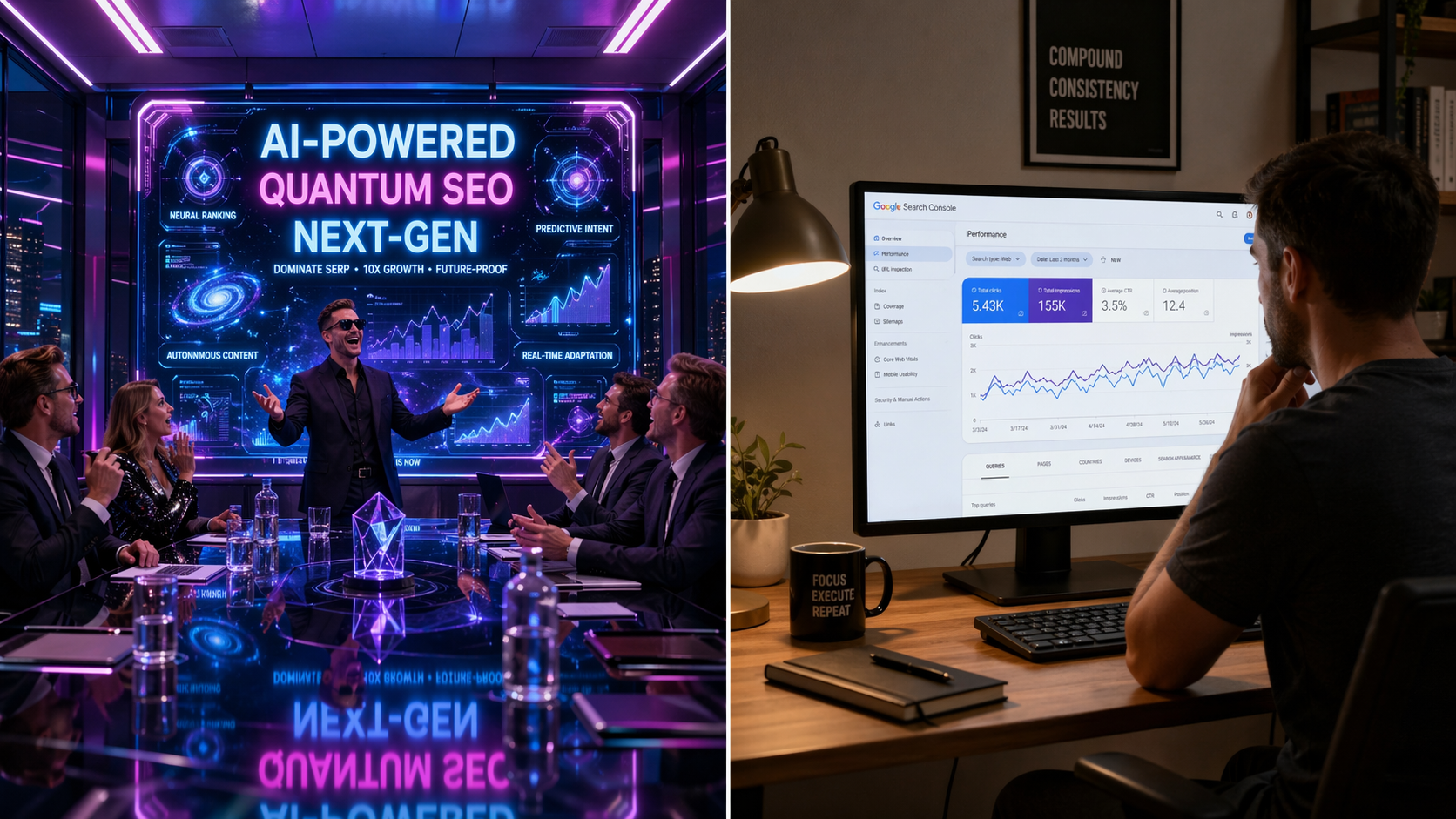 Split image contrasting a flashy agency boardroom with neon AI buzzwords like Quantum SEO and Next-Gen against a calm solo SEO operator quietly reviewing real Google Search Console data